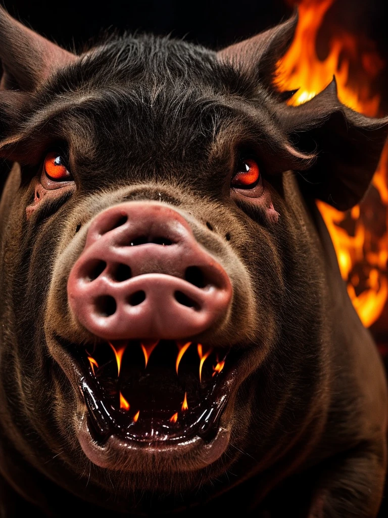 Closeup of an angry pig with very glowing eyes and smoke from its nose and blood from its snout and fangs and its face all over the image with fire and heavy metal guitars and is a poster for a nightmarish horror and horror movie 