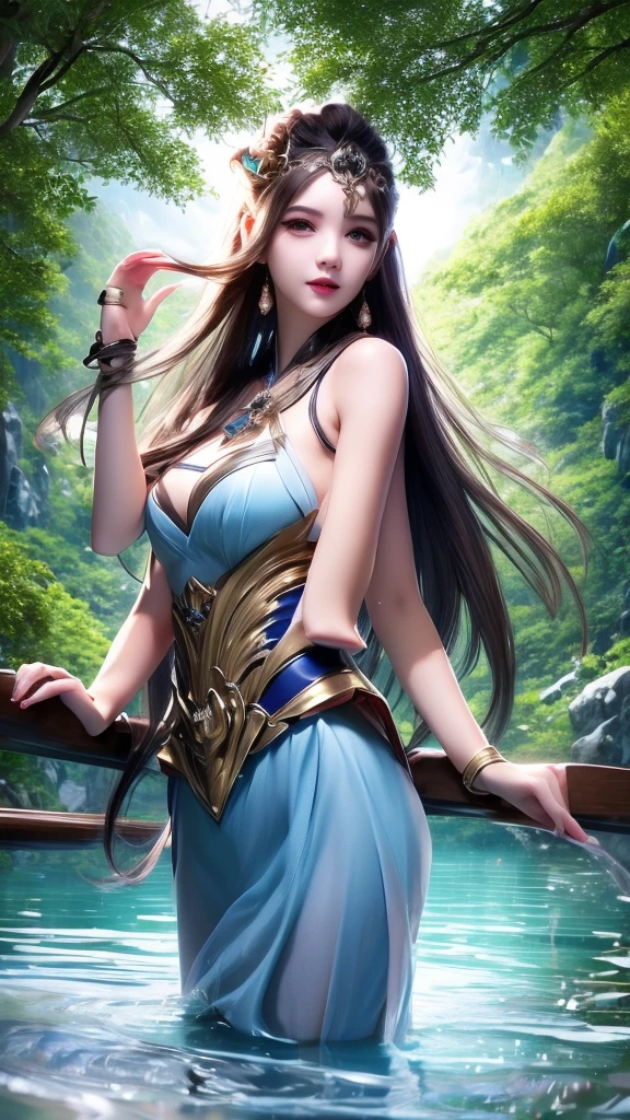 8K, UHD, masterpiece, 1 girl, good face, very long hair, detailed eyes, detailed lips, small breasts, blue clothing, skirt, necalace, earring, jwellery, in the park, water reflection, unreal engine 5, ray tracing, bloom, god rays, flowers, knee short,