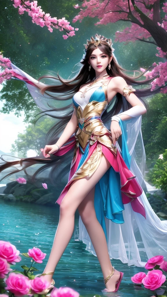 8K, UHD, masterpiece, 1 girl, good face, very long hair, detailed eyes, detailed lips, small breasts, blue clothing, skirt, necalace, earring, jwellery, in the park, water reflection, unreal engine 5, ray tracing, bloom, god rays, flowers, knee short,