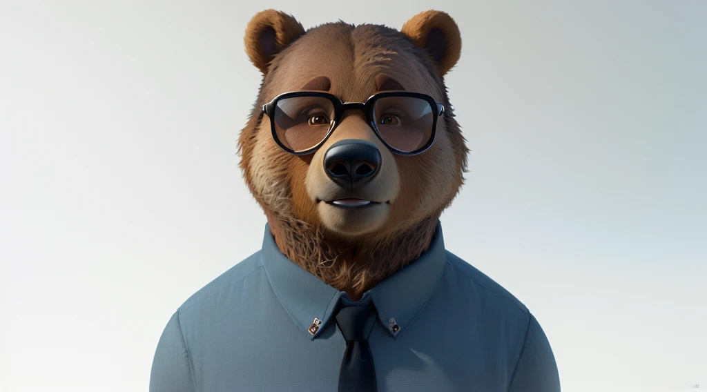 there is a bear wearing glasses and a shirt and tie, portrait of anthropomorphic bear, “portrait of a cartoon animal, ( bear wearing sunglasses, semi - realistic render, pixar zootopia. 3 d rendering, pixar renderman render, anthropomorphic character, bear, realistic illustration, renderman render, rendered in arnold, high res render, realistic render