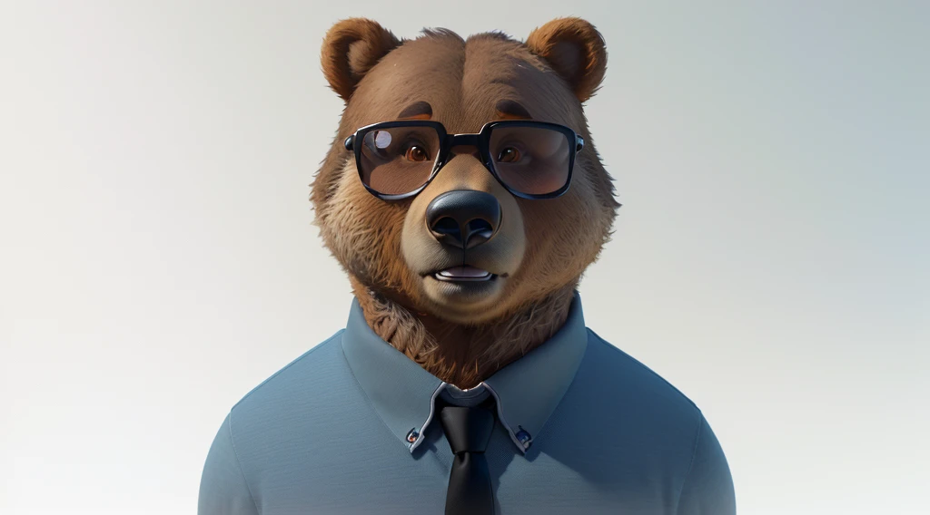 there is a bear wearing glasses and a shirt and tie, portrait of anthropomorphic bear, “portrait of a cartoon animal, ( bear wearing sunglasses, semi - realistic render, pixar zootopia. 3 d rendering, pixar renderman render, anthropomorphic character, bear, realistic illustration, renderman render, rendered in arnold, high res render, realistic render