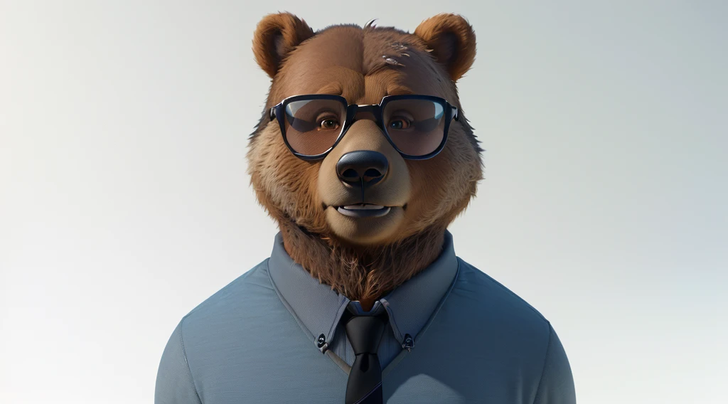 there is a bear wearing glasses and a shirt and tie, portrait of anthropomorphic bear, “portrait of a cartoon animal, ( bear wearing sunglasses, semi - realistic render, pixar zootopia. 3 d rendering, pixar renderman render, anthropomorphic character, bear, realistic illustration, renderman render, rendered in arnold, high res render, realistic render
