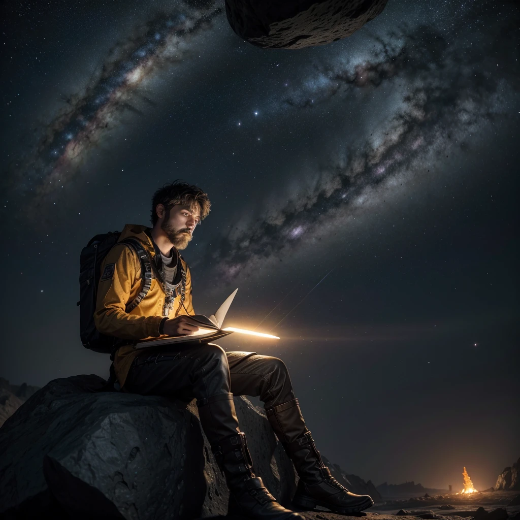 Desenhe um jovem programador, sitting on a research platform floating in the middle of an asteroid belt. He is studying with a notebook, surrounded by several asteroids glowing with fiery auras. Dramatic lighting from distant stars and planets illuminates the scene, casting deep shadows on the costume. O jovem parece confiante e determinado, looking at the vast and mysterious universe with awe and respect,facial hair, cowboy shot,