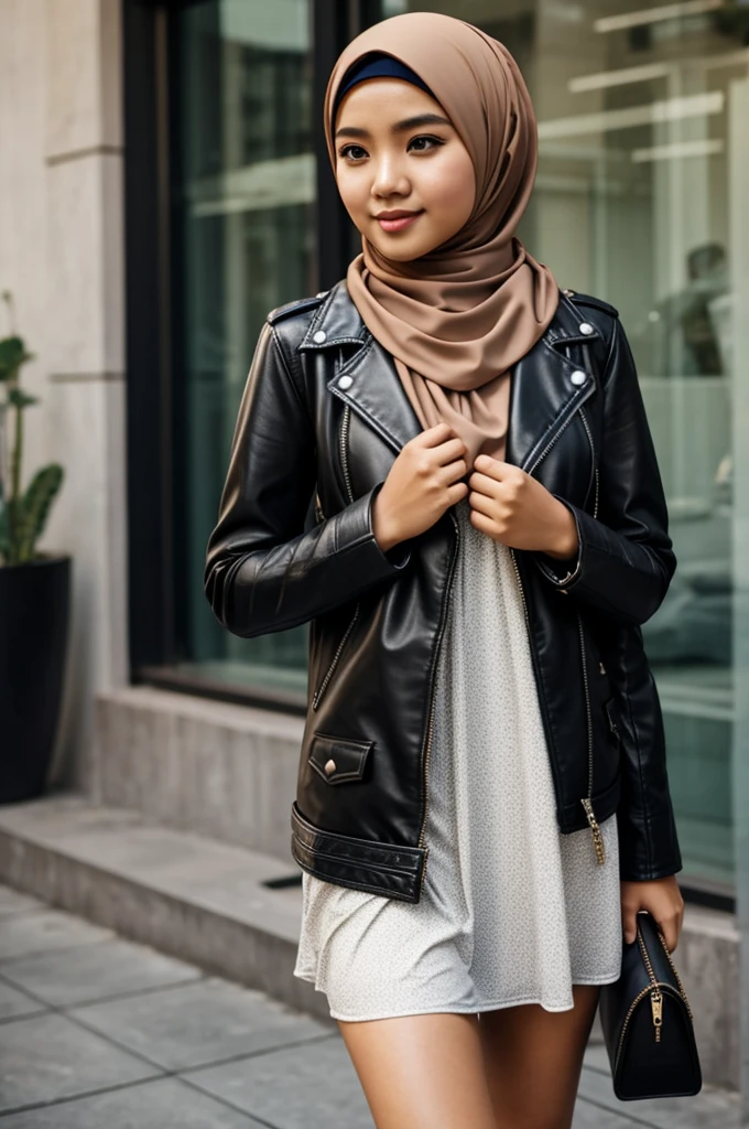 Malaysia girl wearing hijab wearing dress with leather jacket 