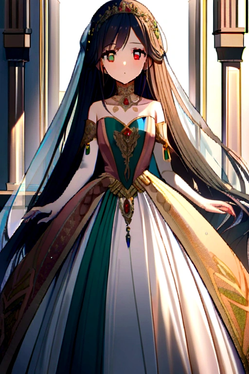 2 black hair princesses one had red eyes and the other had green eyes both princesses were wearing royal dresses and are standing on a balcony full of stars 