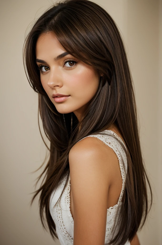 brunette woman, medium straight brown hair, Brown eyes, thin lips