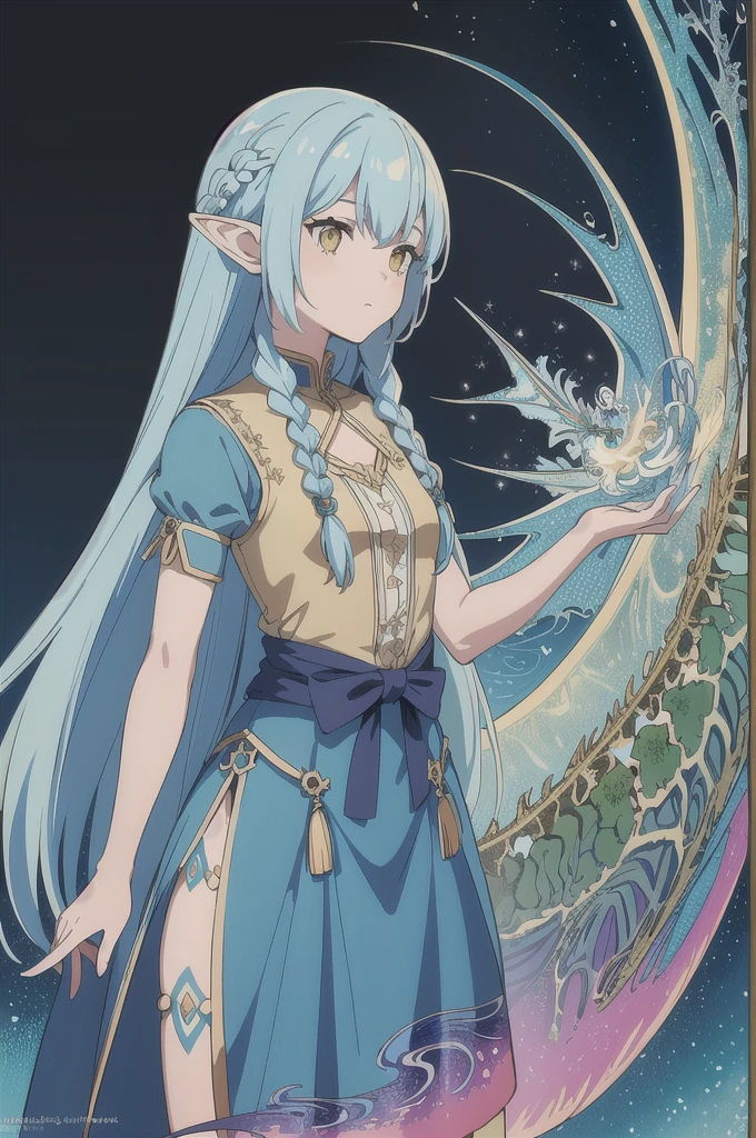 (masterpiece, top quality, best quality, official art, beautiful and aesthetic:1.2), (1girl), extreme detailed,(fractal art:1.3),colorful,highest detailed, cute young girl, light blue hair, long hair, small braids hair, yellow eyes, elf ears, dragon tail, dragon thorn, muscular body, small breast, light blue dress