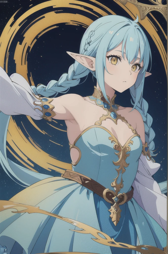 (masterpiece, top quality, best quality, official art, beautiful and aesthetic:1.2), (1girl), extreme detailed,(fractal art:1.3),colorful,highest detailed, cute young girl, light blue hair, long hair, small braids hair, yellow eyes, elf ears, dragon tail, dragon thorn, muscular body, small breast, light blue dress