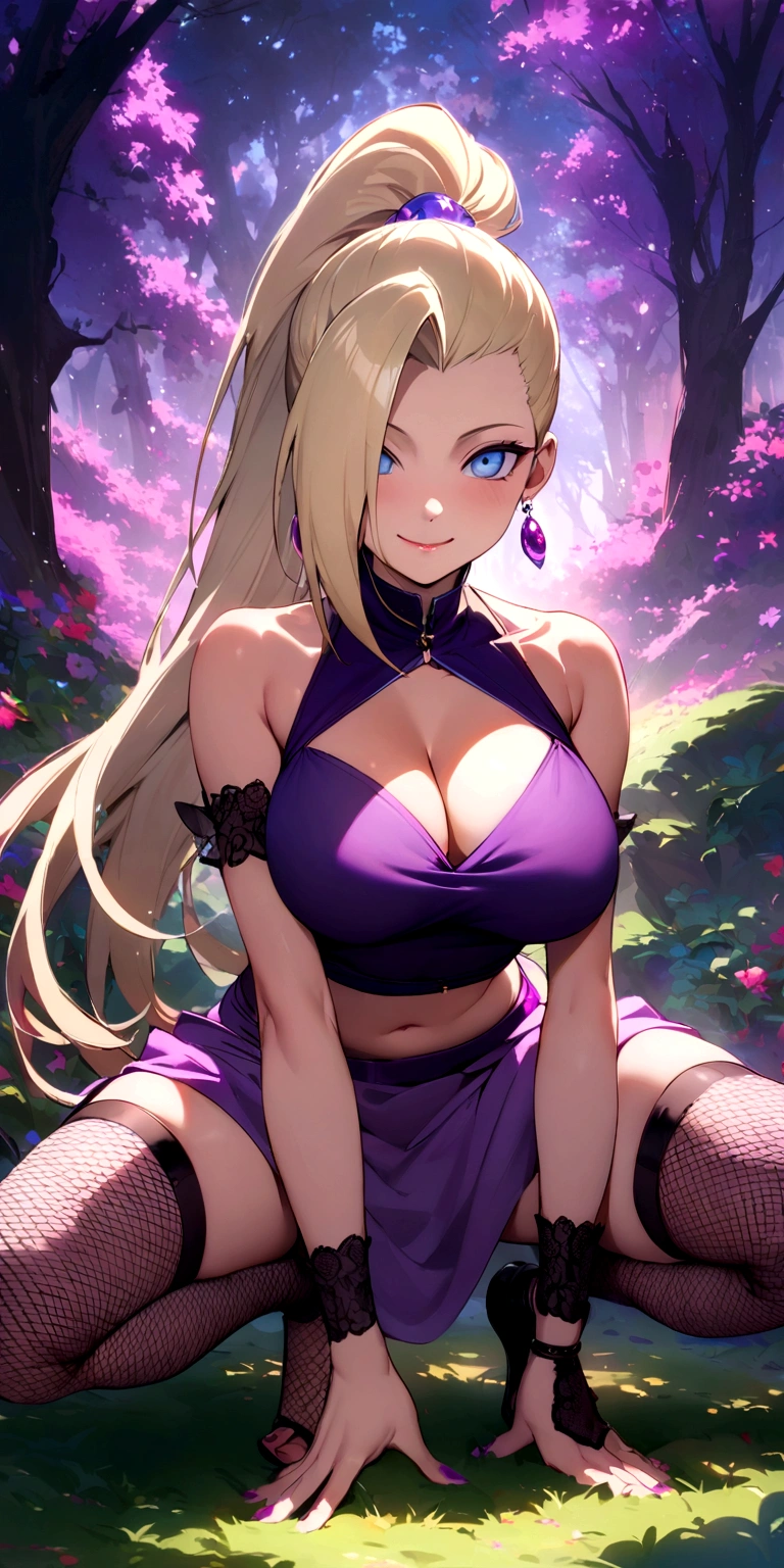 masterpiece, best quality, very aesthetic, absurdres,
yamanaka_ino, naruto_(series), naruto_shippuuden,blonde_hair,long_hair,  high_ponytail,  hair_over_one_eye,  blue_eyes, bare_shoulders, purple crop_top, earrings, Fishnet elbow pads, jewelry, large_breasts,  midriff, purple skirt, Fishnet stockings,  thighhighs,  smile, solo, standing, in park,looking_at_viewer, sexy pose, playing with man’s cock, big , cleavage hanging, squatting down, one Nipple exposed, squeezing tits, spreading legs