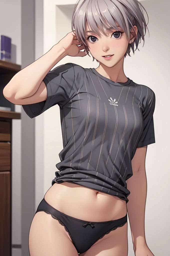 (masterpiece, best quality)),((highres:1.2)), 1 Girl, solo, Blurred Background, (((Small breasts))), Thighs, (Groin), gray stripe underwear, (long T-Shirts:1.3), (pixie cut:1.3), [[navel]], cheek, Excited pose