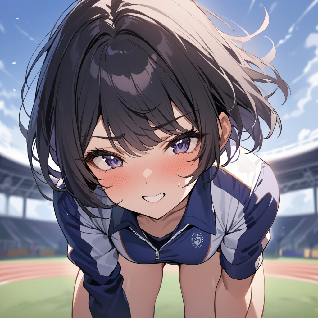 Top quality, masterpiece, 1 girl, black hair, bob cut, track and field uniform, crouching start, front position, face zoomed in, spirited expression