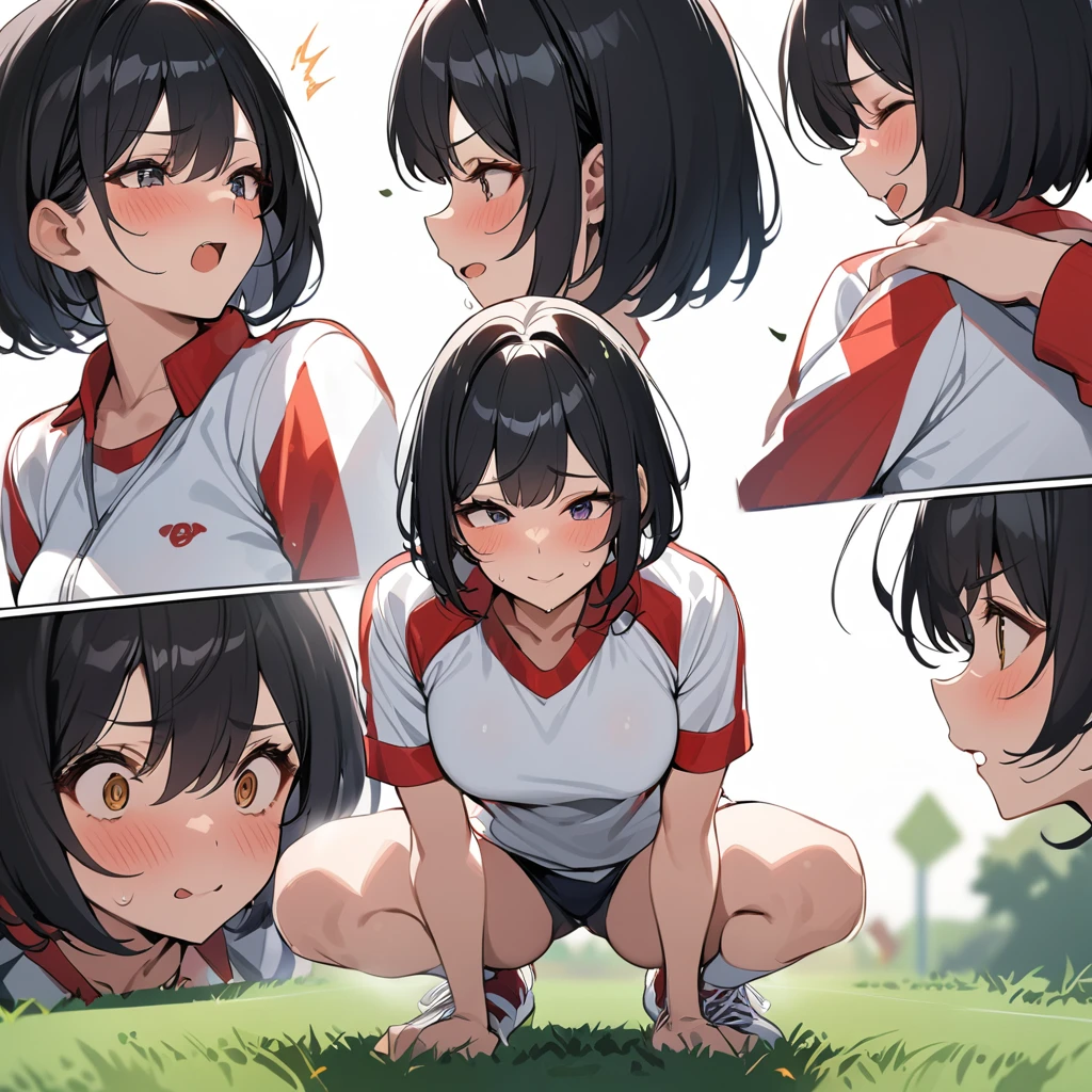 Top quality, masterpiece, 1 girl, black hair, bob cut, track and field uniform, crouching start, front position, face zoomed in, spirited expression