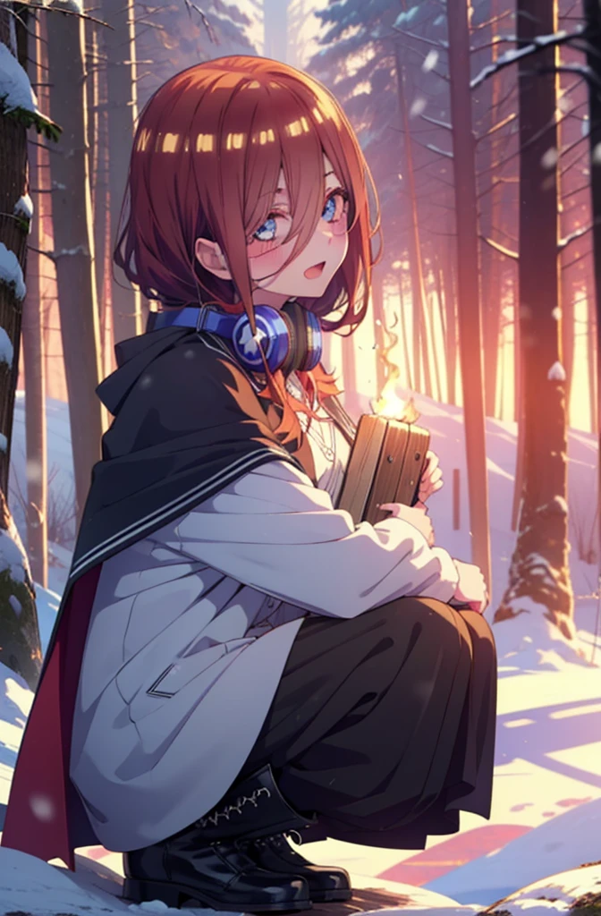 miku nakano, miku nakano, Long Hair, bangs, Brown Hair, shirt, Hair between the eyes, cardigan, Headphones around the neck,smile,blush,White Breath,
Open your mouth,snow,Ground bonfire, Outdoor, boots, snowing, From the side, wood, suitcase, Cape, Blurred, Increase your meals, forest, White handbag, nature, Squat, Mouth closed, フードed Cape, winter, Written boundary depth, Black shoes, red Cape break looking at viewer, Upper Body, whole body, break Outdoor, forest, nature, break (masterpiece:1.2), Highest quality, High resolution, unity 8k wallpaper, (shape:0.8), (Beautiful and beautiful eyes:1.6), Highly detailed face, Perfect lighting, Highly detailed CG, (Perfect hands, Perfect Anatomy),