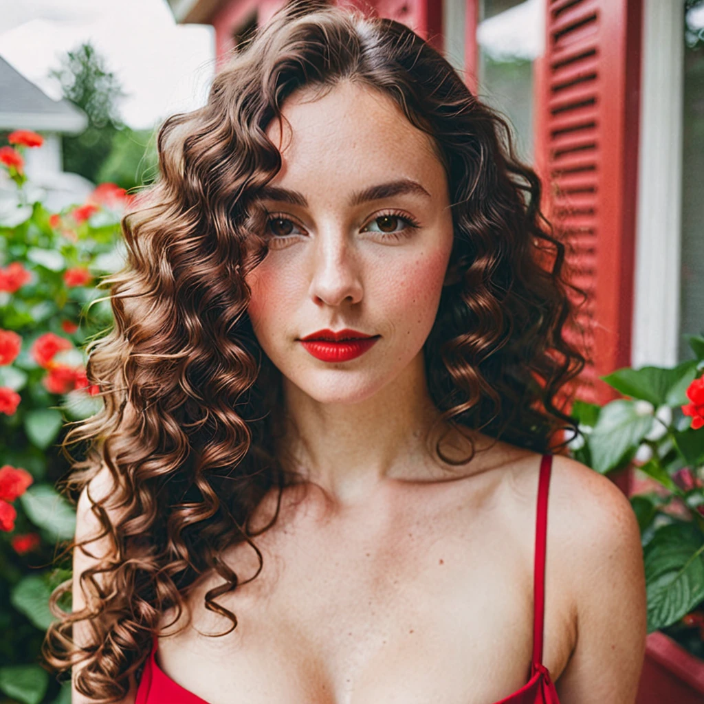 [white-skinned woman:1.2, long curly hair:1.2, elegant red sundress, deep neckline, snub-nosed, bright brown eyes], awesome naked breasts, VSCO filter: C8, big nipples