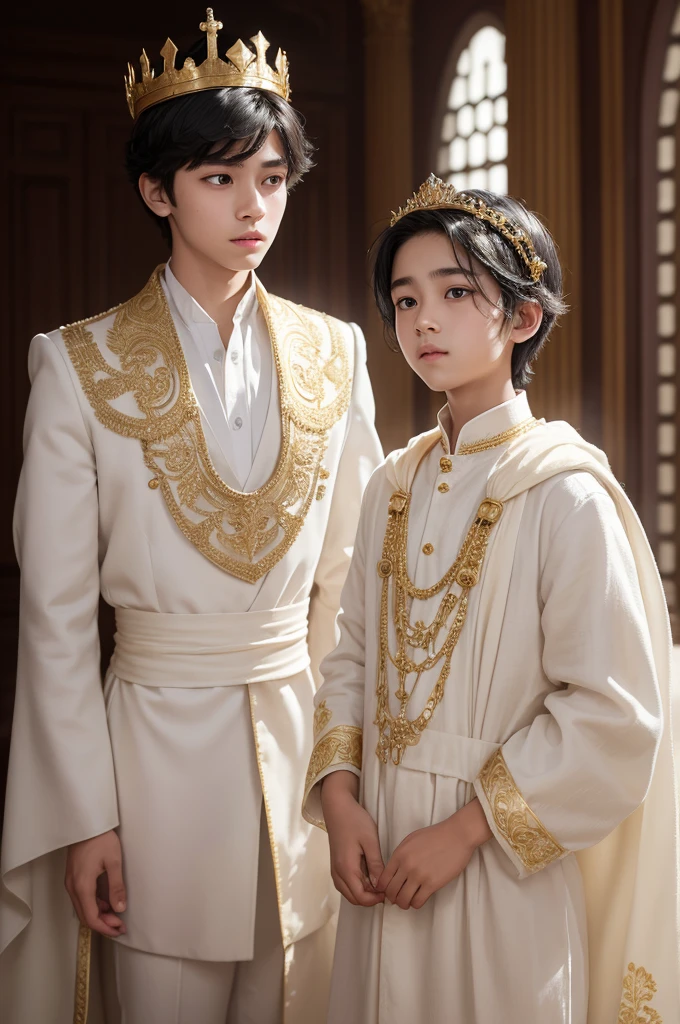 A boy of approximately 16 years old, with black hair and purple eyes, wearing an intricate golden crown on her head. He is dressed in elegant white clothes, which include a linen shirt with gold buttons and matching white pants. The boy is standing on a light neutral background, with an expression of serenity and confidence on your face. The crown has delicate details and appears to glow softly. The white clothes are very detailed, showing realistic folds and textures. The illumination of the image is soft, highlighting the features of the boy's face and the details of the crown and clothes."