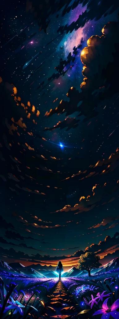 expansive landscape photograph , (a view from below that shows sky above and open field below), a girl standing on flower field looking up, (full moon:1.2), ( shooting stars:0.9), (nebula:1.3), distant mountain, tree BREAK
production art, (warm light source:1.2), (Firefly:1.2), lamp, lot of purple and orange, intricate details, volumetric lighting BREAK
(masterpiece:1.2), (best quality), 4k, ultra-detailed, (dynamic composition:1.4), highly detailed, colorful details,( iridescent colors:1.2), (glowing lighting, atmospheric lighting), dreamy, magical, (solo:1.2)