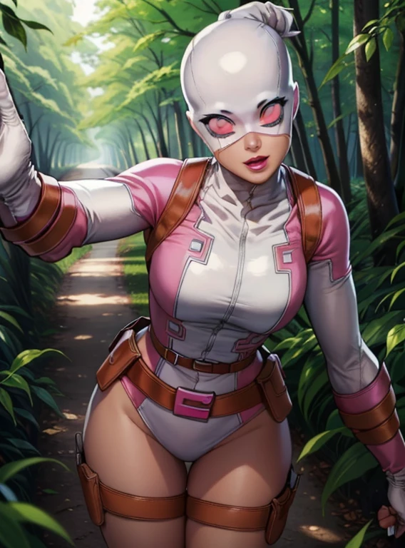 ((ultra quality)), ((masterpiece)), (GwenPool attacking:1), (Detailed face:1.2), (Detailed eyes:1.2), (platinum blonde hair, bright blue eyes), (superhero, pink headband, bodysuit, pink leotard, belt, gun, hood:1), looking at viewer with a snarky grin, expressive, cute pose, leaning forward, (dynamic_angle:1), (dynamic_pose:1.2), (masterpiece:1.2), (best quality, highest quality), (ultra detailed), (8k, 4k, intricate),(full body:1), (Cowboy shot:1.2), (50mm), (highly detailed:1.2),(detailed face:1.2), detailed_eyes,(gradients),(ambient light:1.3),(cinematic composition:1.3),(HDR:1),Accent Lighting,extremely detailed,original, highres,(perfect_anatomy:1.2), background: beautiful forest near the river, ((depth of field)), ((high quality clear image)), (clear details), ((high detail)), realistically, professional photo session, ((Clear Focus))
