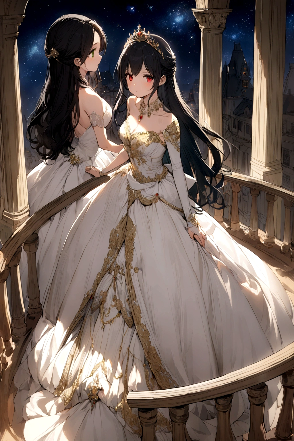 2 black hair princesses one had red eyes and the other had green eyes both princesses were wearing royal dresses and are standing on a balcony full of stars 