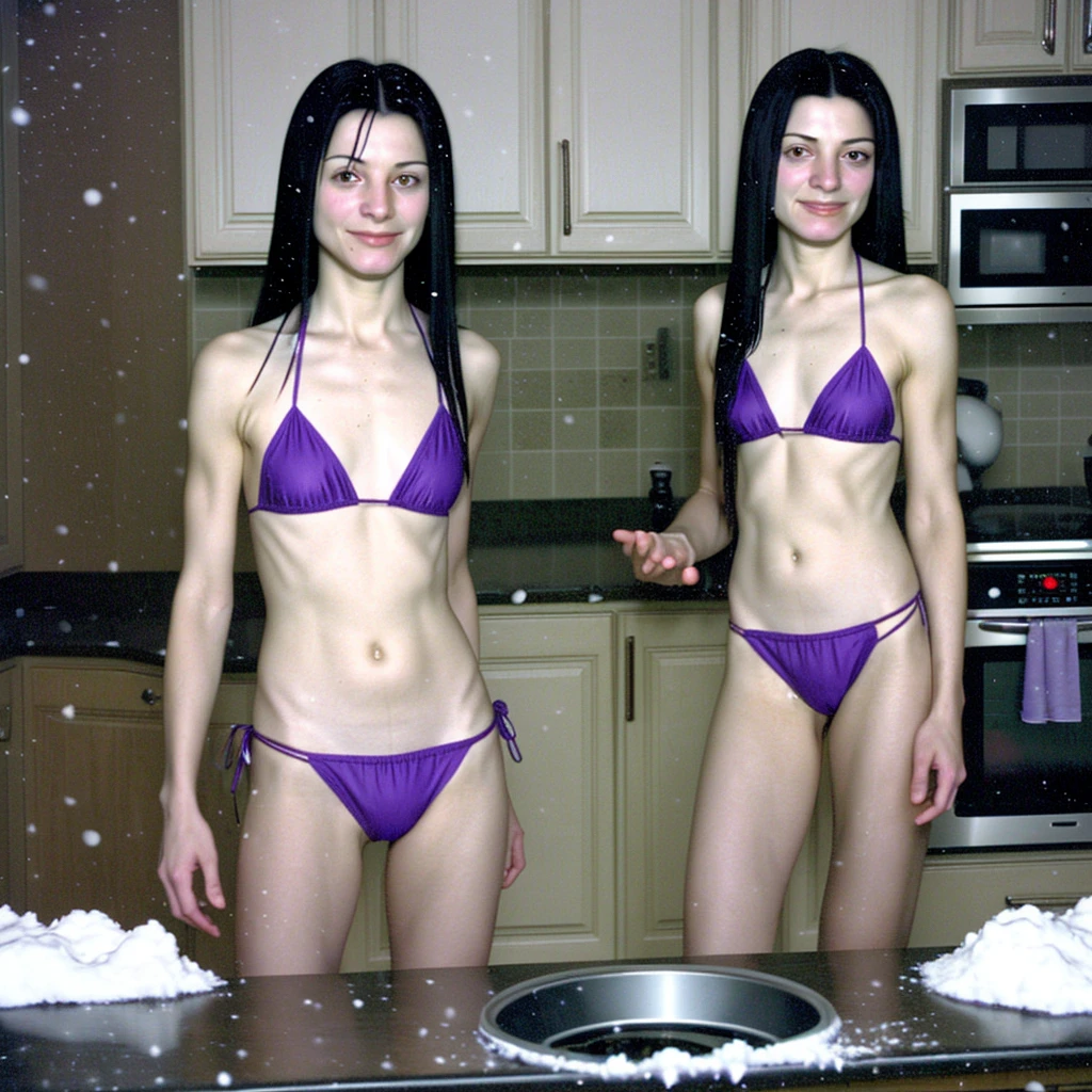 circa 2001 home camcorder still quality, early morning in snowing ohio, slender short adorable black haired italian mom(high detail face) (long black straight hair) ,standing in kitchen wearing purple string bikini, snowing outside