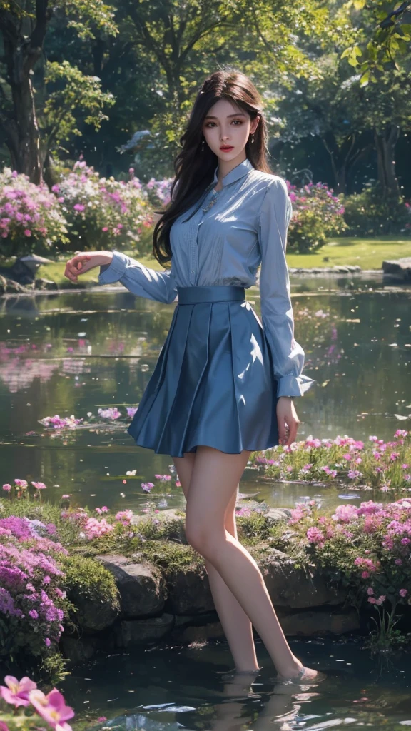 8K, UHD, masterpiece, 1 girl, good face, very long hair, detailed eyes, detailed lips, small breasts, blue clothing, skirt, necalace, earring, jwellery, in the park, water reflection, unreal engine 5, ray tracing, bloom, god rays, flowers, knee short,