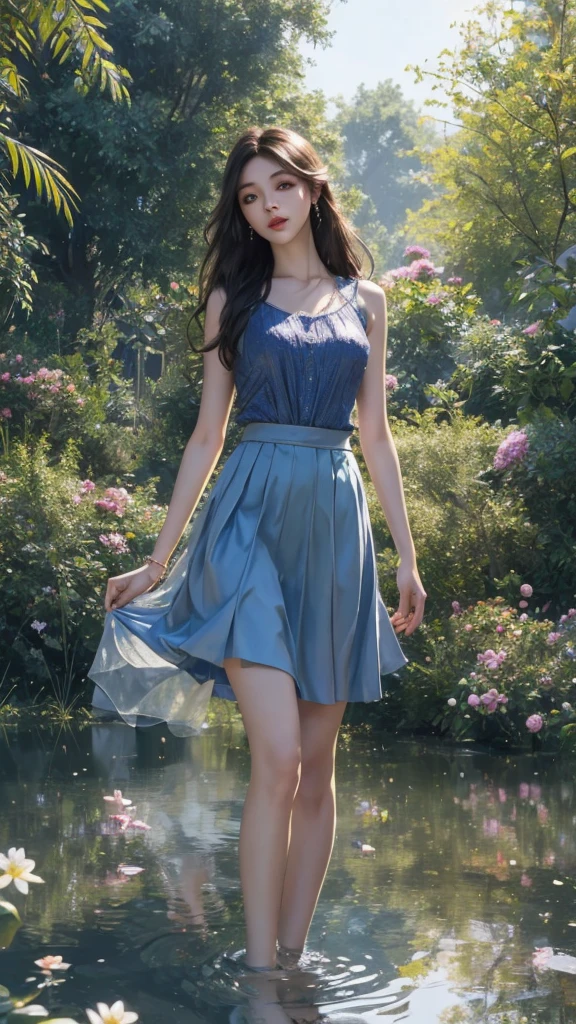 8K, UHD, masterpiece, 1 girl, good face, very long hair, detailed eyes, detailed lips, small breasts, blue clothing, skirt, necalace, earring, jwellery, in the park, water reflection, unreal engine 5, ray tracing, bloom, god rays, flowers, knee short,