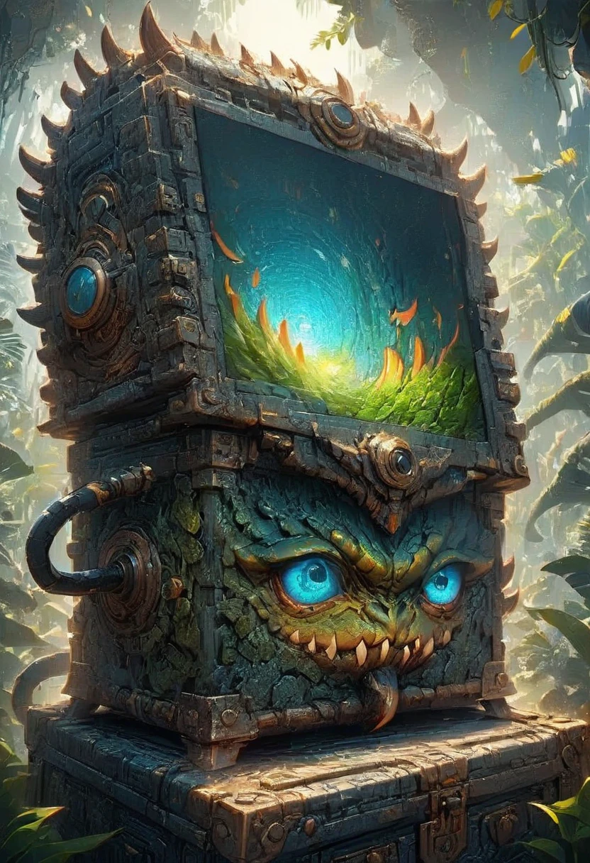 Treasure Box Monster Mimic from D&D, The screen mainly depicts a monster hidden in a dense jungle treasure chest, which is engraved with mysterious symbols. Spike teeth pop out of the chest, ready to launch an attack, surrounded by dense jungle, giving people a sense of mystery and danger, cinematic still, emotional, vignette, dynamic, vivid, (masterpiece, best quality, Professional, perfect composition, very aesthetic, absurdres, ultra-detailed, intricate details:1.3)