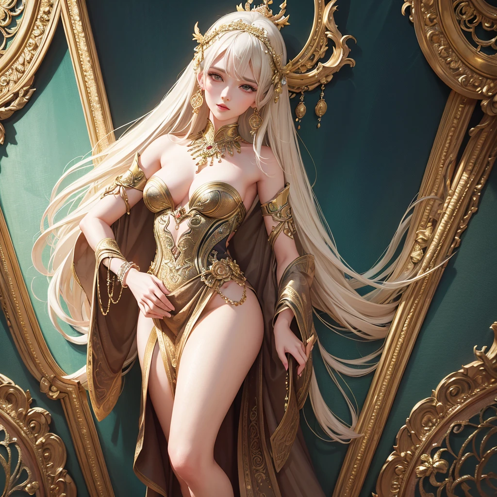 Ultra hd, full hd 8k regulations, masterpiece, an ancient goddess of pure love, kindness sexy, seductive, portrait, elegant attire, intricate details, flowing fabrics, captivating expression, traditional painting technique, high realism, digital illustration, stylized elements, elaborate background, soft pastel color palette, dramatic lighting, by renowned fashion illustration, high-resolution image., illustration, fashion, painting, 3d render, conceptual art, portrait photography