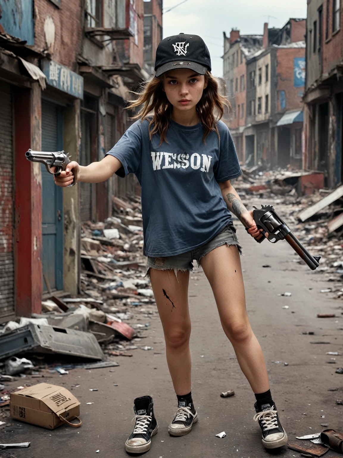 8k,realistic photo、realistic skin texture、A beautiful very young girl who lives in the city .and holds a Wesson M442 compact revolver in his hand..、pointing forward ,,Dirty and torn large size.Tshirt 、black cap、Dirty Vans high-top sneakers、、A town in chaos、face、moving action pose、cool composition.