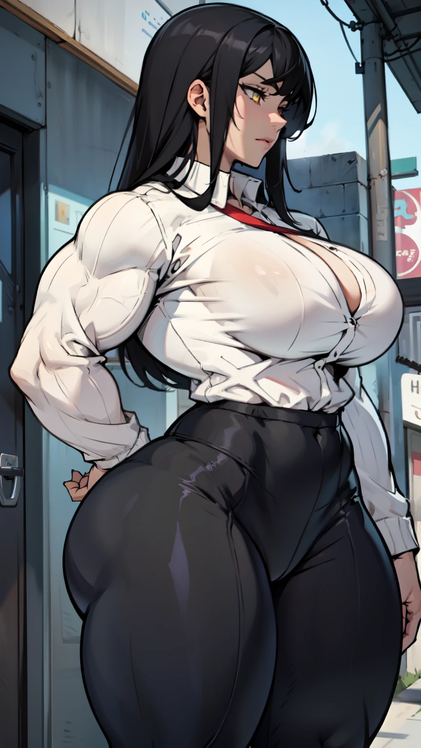 huge muscles breasts thick thick thick thick thick thick thick pale skin black hair yellow eyes depressed female tight shirt and leggings long sleeve