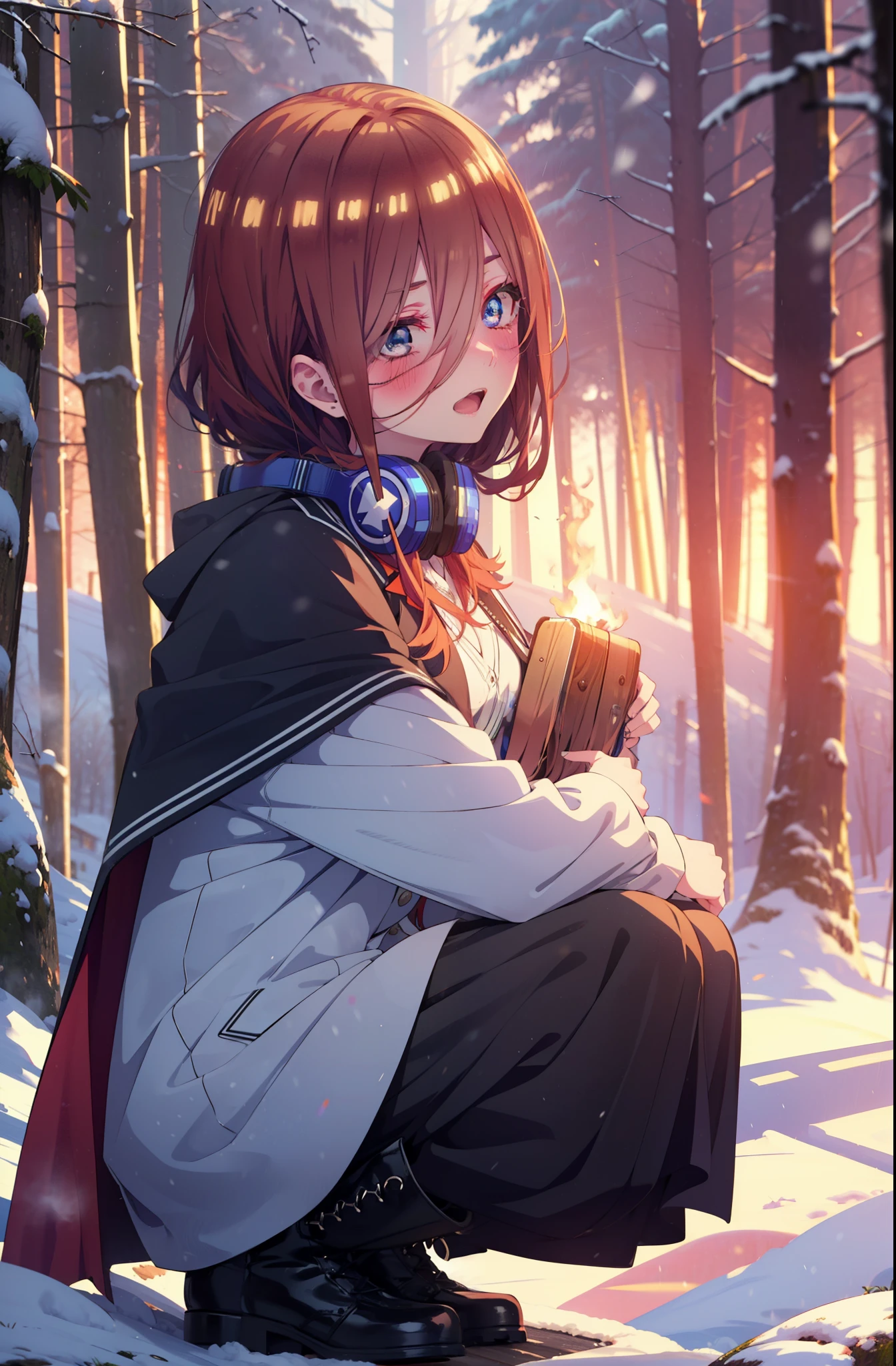 miku nakano, miku nakano, Long Hair, bangs, Brown Hair, shirt, Hair between the eyes, cardigan, Headphones around the neck,smile,blush,White Breath,
Open your mouth,snow,Ground bonfire, Outdoor, boots, snowing, From the side, wood, suitcase, Cape, Blurred, Increase your meals, forest, White handbag, nature, Squat, Mouth closed, フードed Cape, winter, Written boundary depth, Black shoes, red Cape break looking at viewer, Upper Body, whole body, break Outdoor, forest, nature, break (masterpiece:1.2), Highest quality, High resolution, unity 8k wallpaper, (shape:0.8), (Beautiful and beautiful eyes:1.6), Highly detailed face, Perfect lighting, Highly detailed CG, (Perfect hands, Perfect Anatomy),