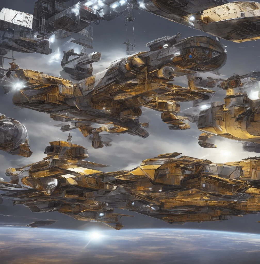 A team of meticulously programmed repair droids meticulously mend the battered hull of a starship hull in the bustling drydock of a space station. The sleek metallic bodies of the droids contrast sharply with the scuffed, utilitarian exterior of the ship. This stunning digital painting captures the intricate details of the scene, from the glowing welding sparks to the intricate patterns of the droids' circuitry. The vivid colors and expert shading create a sense of depth and realism that draws the viewer into the sci-fi world of space engineering.