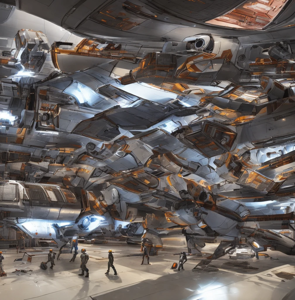 A team of meticulously programmed repair droids meticulously mend the battered hull of a starship hull in the bustling drydock of a space station. The sleek metallic bodies of the droids contrast sharply with the scuffed, utilitarian exterior of the ship. This stunning digital painting captures the intricate details of the scene, from the glowing welding sparks to the intricate patterns of the droids' circuitry. The vivid colors and expert shading create a sense of depth and realism that draws the viewer into the sci-fi world of space engineering.