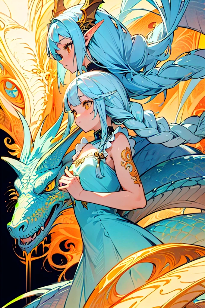 (masterpiece, top quality, best quality, official art, beautiful and aesthetic:1.2), (1girl), extreme detailed,(fractal art:1.3),colorful,highest detailed, cute young girl, light blue hair, long hair, small braids hair, yellow eyes, elf ears, dragon tail, dragon thorn, muscular body, small breast, light blue dress