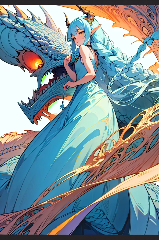 (masterpiece, top quality, best quality, official art, beautiful and aesthetic:1.2), (1girl), extreme detailed,(fractal art:1.3),colorful,highest detailed, cute young girl, light blue hair, long hair, small braids hair, yellow eyes, elf ears, dragon tail, dragon thorn, muscular body, small breast, light blue dress