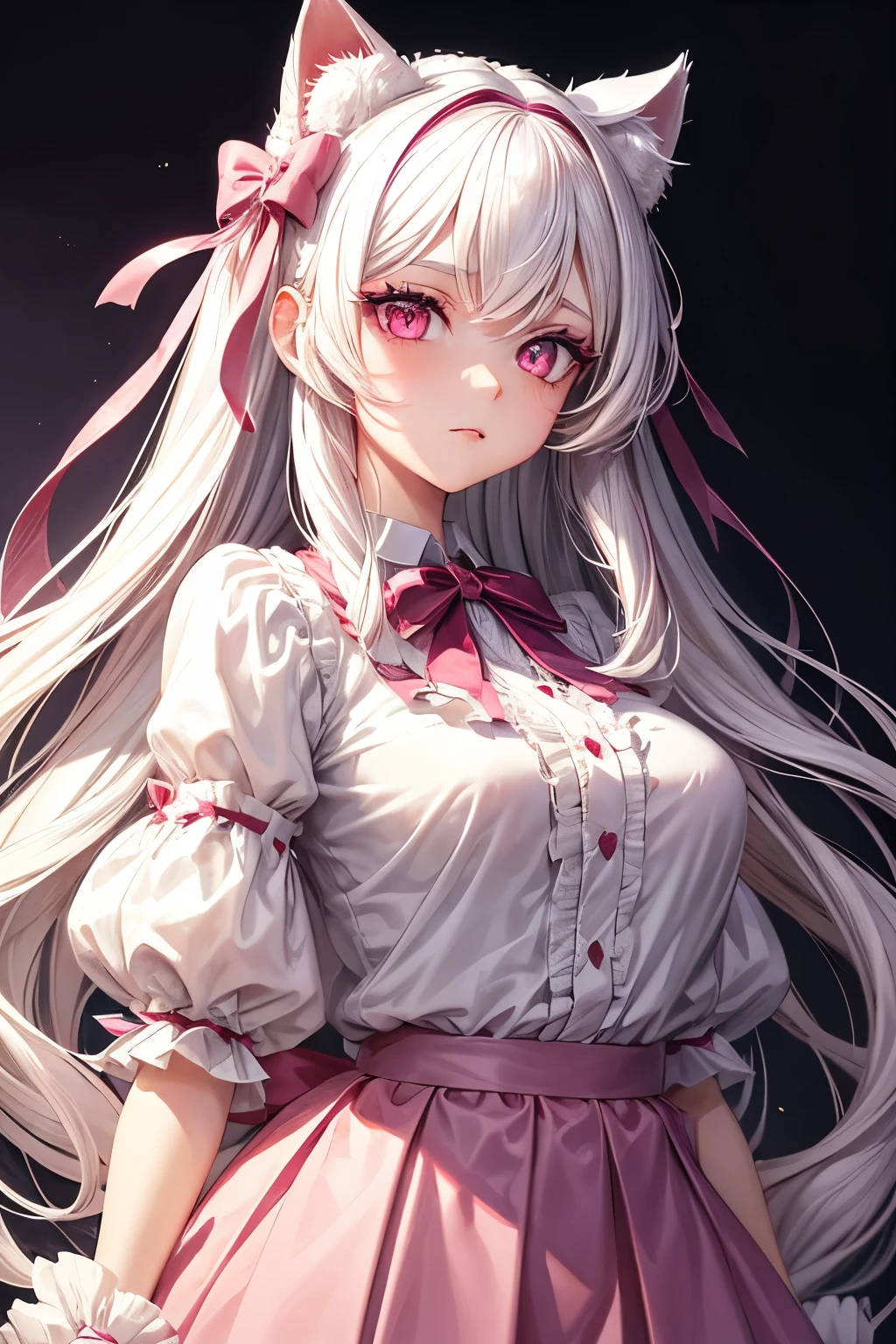 A girl with long white hair and dark pink eyes with big eyelashes., 2 cat ears and 2 bows, I wore a white blouse and a skirt.
