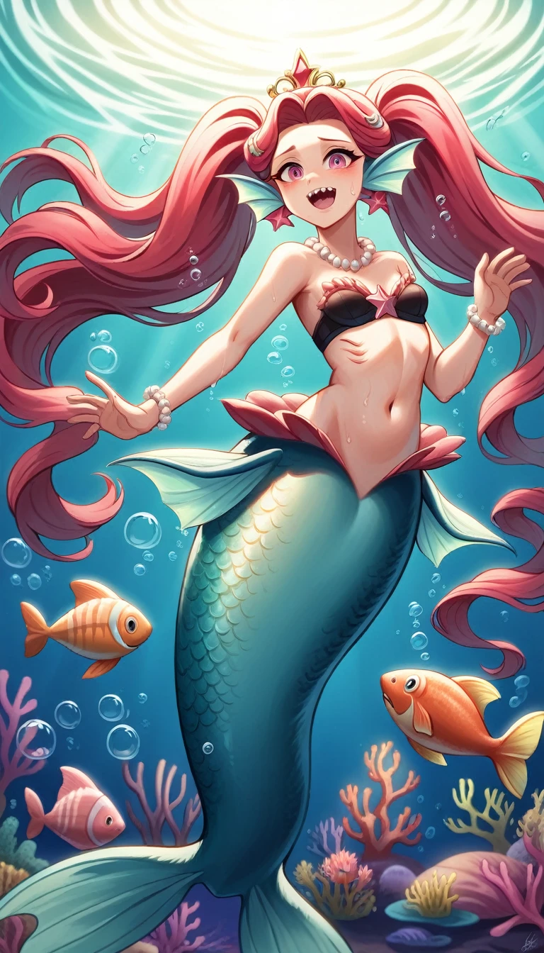 (best quality,4k,8k,highres,masterpiece:1.2),ultra-detailed, Pretty 15 years old princess magically transformed into a beautiful mermaid, race swap, fantastic transformation, none human, steampunk, fish like, wet body, surrounded by small bubbles, long mermaid tail below waistline, fins ears, shimmering red fish scales, drawn in anime style, very long pigtails red hair, sharp teeth, is smiling, pink eyes, small breast, long pelvic and dorsal fins, pair of fish gills on the torso, seashells bra, starfish hair clips, pearl earrings and bracelets, pearl necklace, hair ribbons, gold tiara, ocean depths, swimming underwater, joyful expression, playful mermaid poses, sparkling water, water reflections, ethereal atmosphere, subtle glow, whimsical and enchanting, checking her new body, underwater world, colorful coral reef, magical underwater lighting, vivid colors, breathing underwater, endless ocean depths, sunlight filtering through the water, Highly detailed, masterpiece, high quality, 4K.