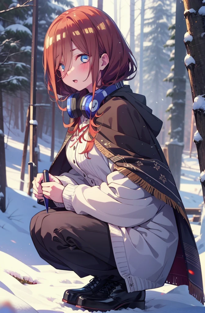 miku nakano, miku nakano, Long Hair, bangs, Brown Hair, shirt, Hair between the eyes, cardigan, Headphones around the neck,smile,blush,White Breath,
Open your mouth,snow,Ground bonfire, Outdoor, boots, snowing, From the side, wood, suitcase, Cape, Blurred, Increase your meals, forest, White handbag, nature, Squat, Mouth closed, フードed Cape, winter, Written boundary depth, Black shoes, red Cape break looking at viewer, Upper Body, whole body, break Outdoor, forest, nature, break (masterpiece:1.2), Highest quality, High resolution, unity 8k wallpaper, (shape:0.8), (Beautiful and beautiful eyes:1.6), Highly detailed face, Perfect lighting, Highly detailed CG, (Perfect hands, Perfect Anatomy),