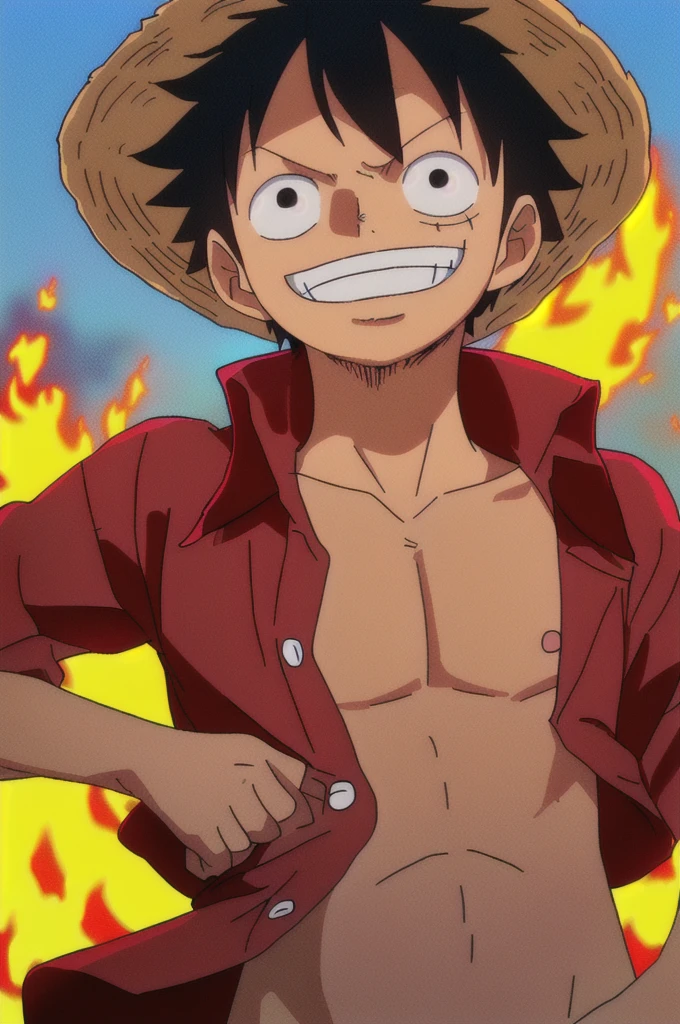 1boy, wanostyle, monkey d luffy, smiling, straw hat, looking at viewer, solo, upper body, ((masterpiece)), (best quality), (extremely detailed), depth of field, sketch, dark intense shadows, sharp focus, soft lighting, hdr, colorful, good composition, fire all around, spectacular, closed shirt, anime screencap, scar under eye, ready to fight, black eyes