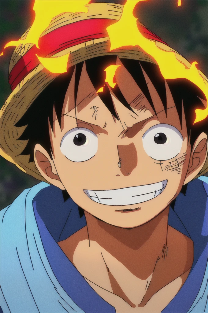 1boy, wanostyle, monkey d luffy, smiling, straw hat, looking at viewer, solo, upper body, ((masterpiece)), (best quality), (extremely detailed), depth of field, sketch, dark intense shadows, sharp focus, soft lighting, hdr, colorful, good composition, fire all around, spectacular, closed shirt, anime screencap, scar under eye, ready to fight, black eyes