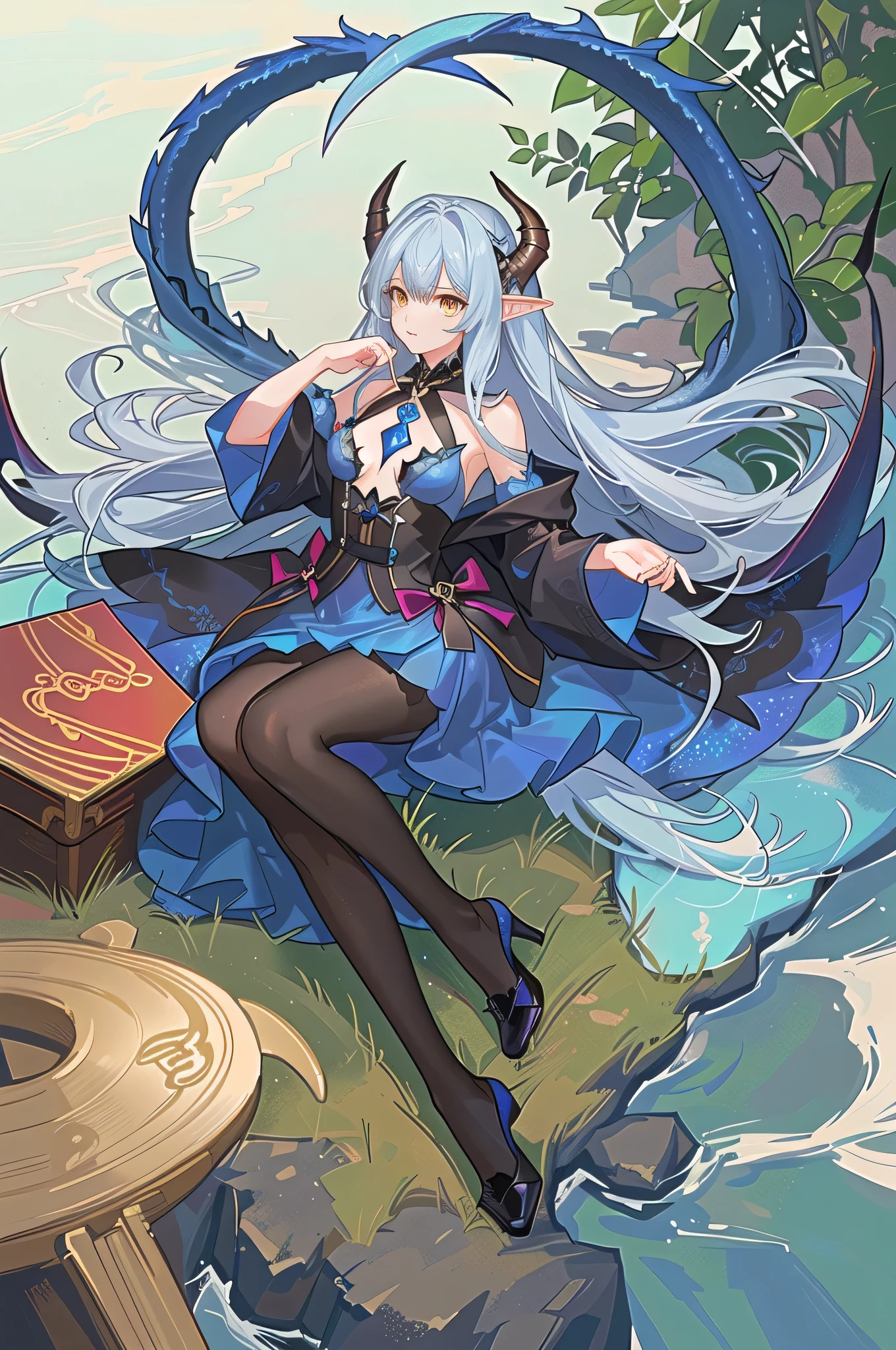 (masterpiece, top quality, best quality, official art, beautiful and aesthetic:1.2), (1girl), extreme detailed,(fractal art:1.3),colorful,highest detailed, cute young girl, light blue hair, long hair, small braids hair, yellow eyes, elf ears, dragon tail, dragon thorn, muscular body, small breast, light blue dress