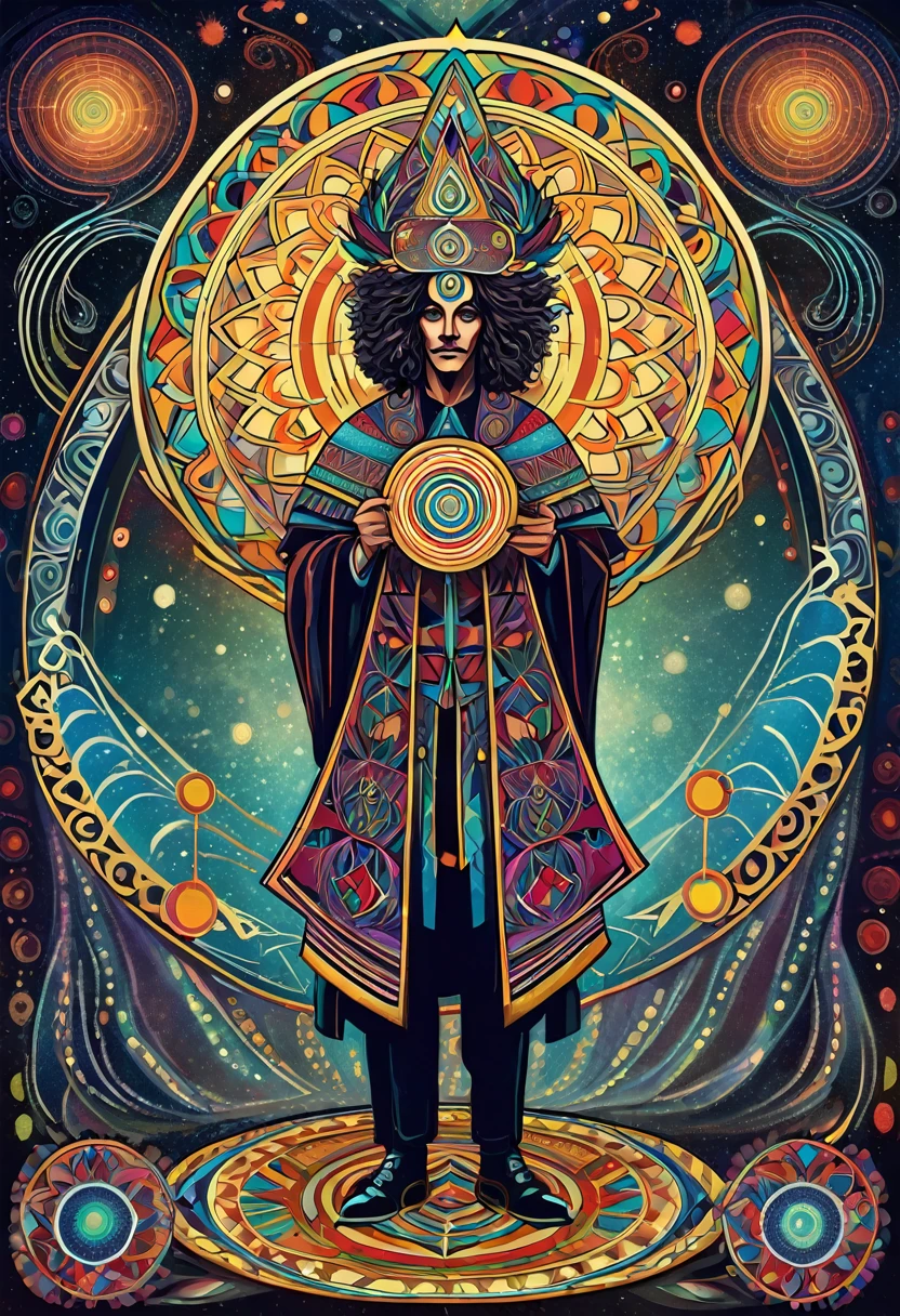 the court fool holding a sign in front of him, center, detailed, geometric patterns, visionary art, shamanic, dark colors