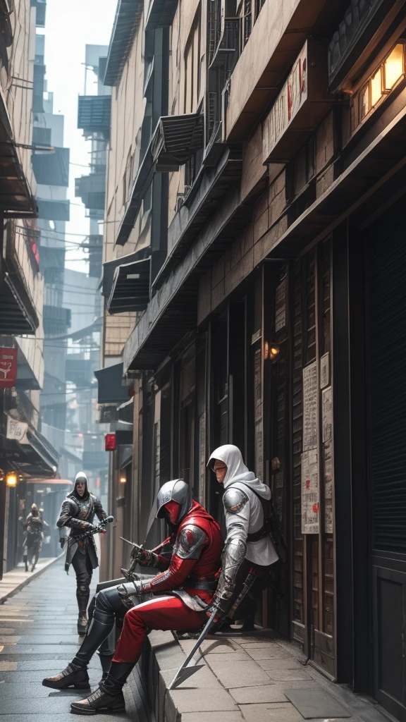 Two Cyberpunk Assassin's Creed Holding swords, Sitting on the rafters on the wall on the restaurant street on a modern street. Robots work everywhere. Modern weapons. Modern red suit. Electronic city. Modern weapons. White suit. Hold the blade. Metal robot arm. Hold the gun. Many people pass by.