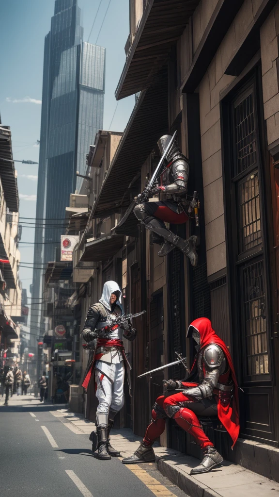 Two Cyberpunk Assassin's Creed Holding swords, Sitting on the rafters on the wall on the restaurant street on a modern street. Robots work everywhere. Modern weapons. Modern red suit. Electronic city. Modern weapons. White suit. Hold the blade. Metal robot arm. Hold the gun. Many people pass by.
