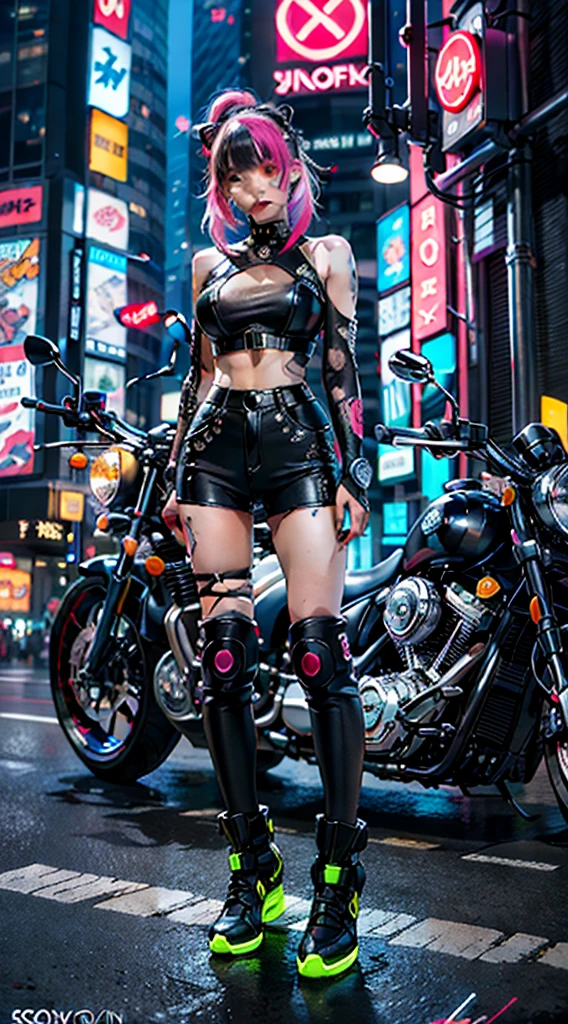 masterpiece, best quality, Confident cyberpunk girl, full body shot, ((standing in front of motorcycle)), Harajuku-inspired pop outfit, bold colors and patterns, eye-catching accessories, trendy and innovative hairstyle, vibrant makeup, Cyberpunk dazzling cityscape, skyscrapers, neon signs, LED lights, bright and vivid color scheme, anime, illustration, detailed skin texture, detailed cloth texture, beautiful detailed face, intricate details, ultra detailed.