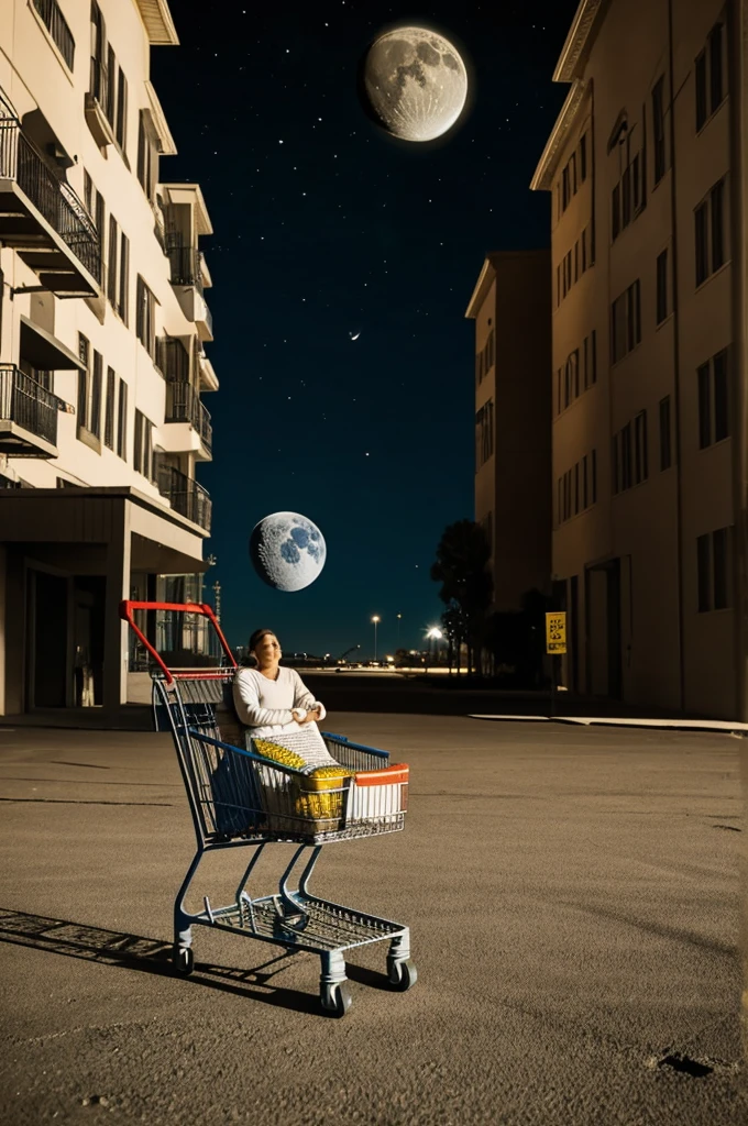 pushes shopping cart over the moon. Earth seen in the background.