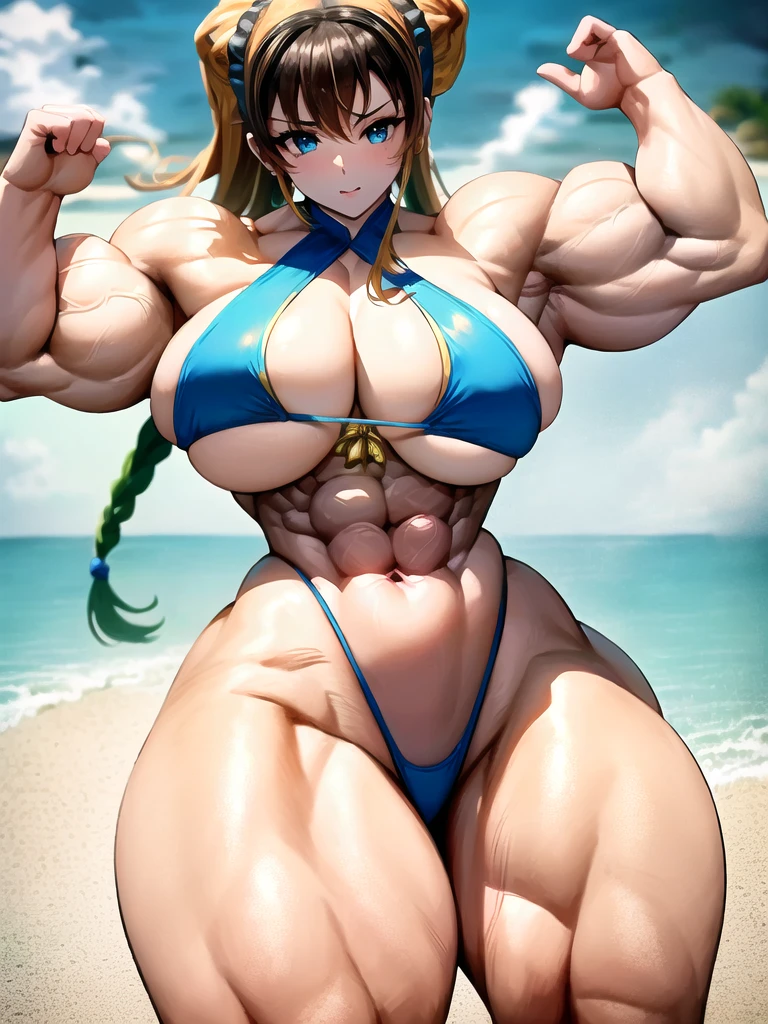 Arafa woman in blue bikini posing on the beach, muscular girl, thick, muscular!!, bursting with muscles, strongest pose, opal proportions, corpo thick, Chun Li na academia, huge muscles, by Kentaro Miura, feminine and muscular, muscular!!!, Very beauthful. big muscles, thick build, fofosexyrobutts