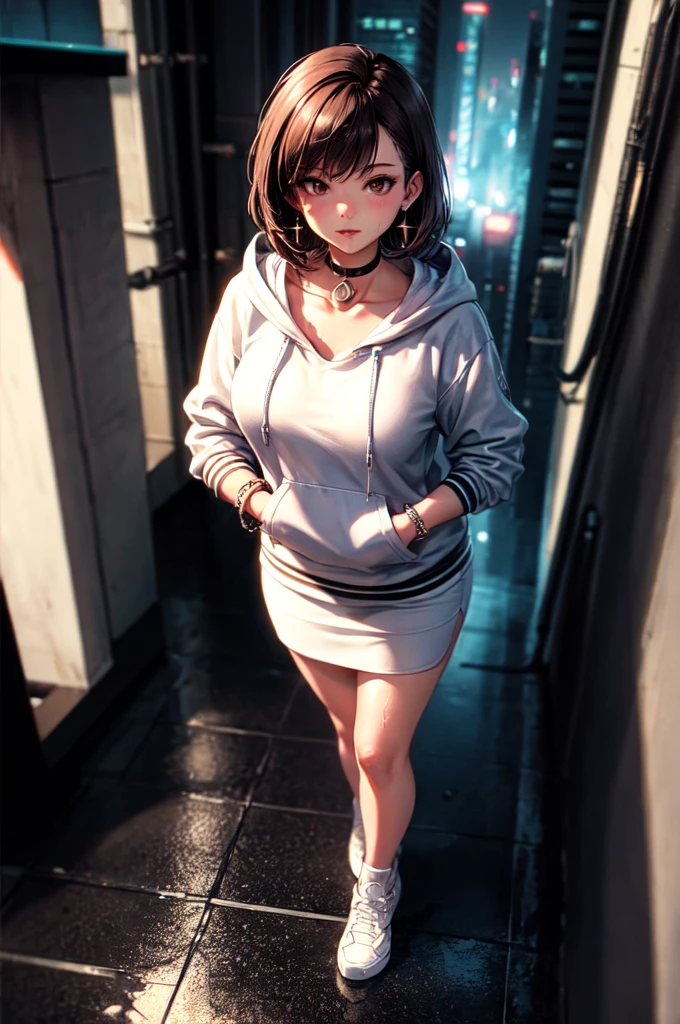 masterpiece, best quality, from above, 1girl, full body, standing, looking at viewer, sidecut brown hair, fade cut hair, fade side cut hair, black hoodie, white skirt, black stockings, bracelet, earrings, black choker, white and red sneakers, rooftop, cyberpunk city skyscraper background, very tall futuristic tower, neon lights, nighttime, raining, wet floor, chromatic aberration, cinematic bokeh, (blurry background), looking at city streets from above, (masterpiece, best quality:1.2), (good anatomy, good hand:1.2), high detail