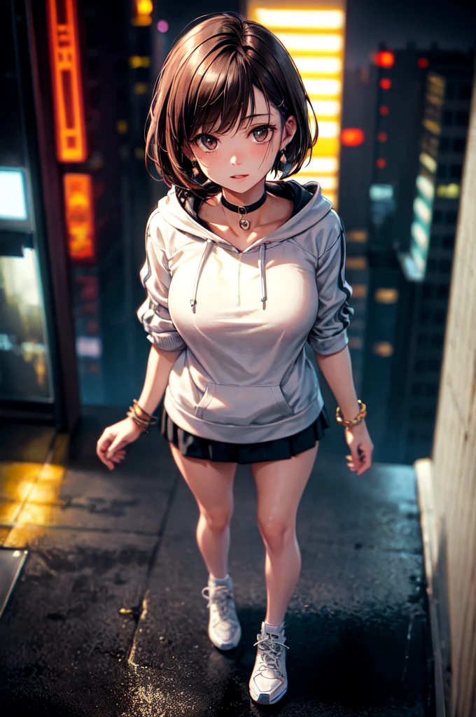 masterpiece, best quality, from above, 1girl, full body, standing, looking at viewer, sidecut brown hair, fade cut hair, fade side cut hair, black hoodie, white skirt, black stockings, bracelet, earrings, black choker, white and red sneakers, rooftop, cyberpunk city skyscraper background, very tall futuristic tower, neon lights, nighttime, raining, wet floor, chromatic aberration, cinematic bokeh, (blurry background), looking at city streets from above, (masterpiece, best quality:1.2), (good anatomy, good hand:1.2), high detail