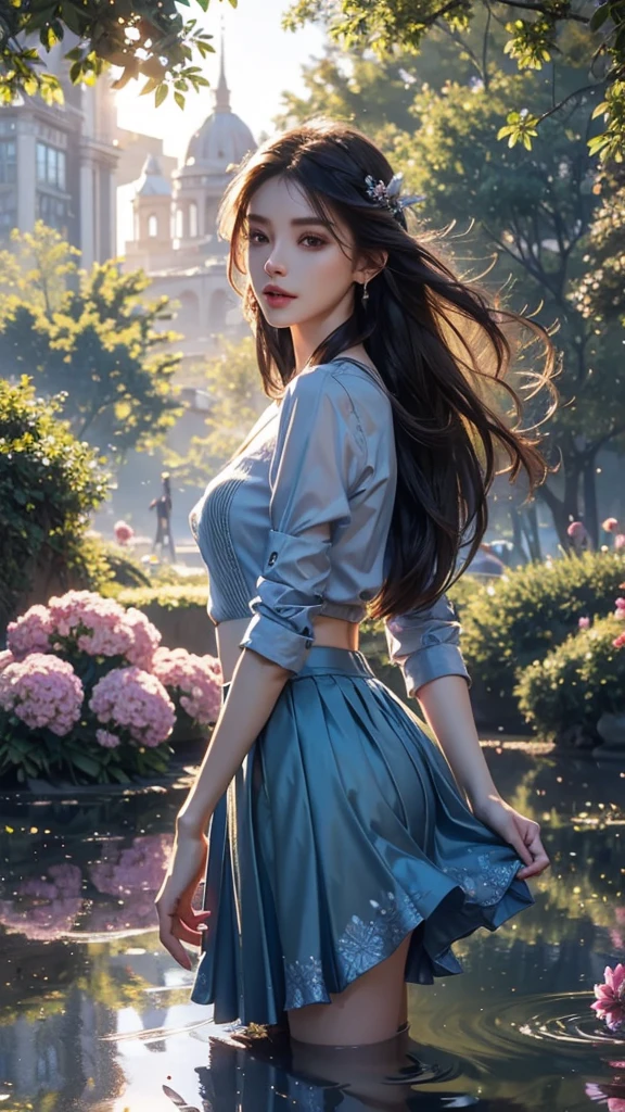 8K, UHD, masterpiece, 1 girl, good face, very long hair, detailed eyes, detailed lips, small breasts, blue clothing, skirt, necalace, earring, jwellery, in the park, water reflection, unreal engine 5, ray tracing, bloom, god rays, flowers, perfect photo shoot,
