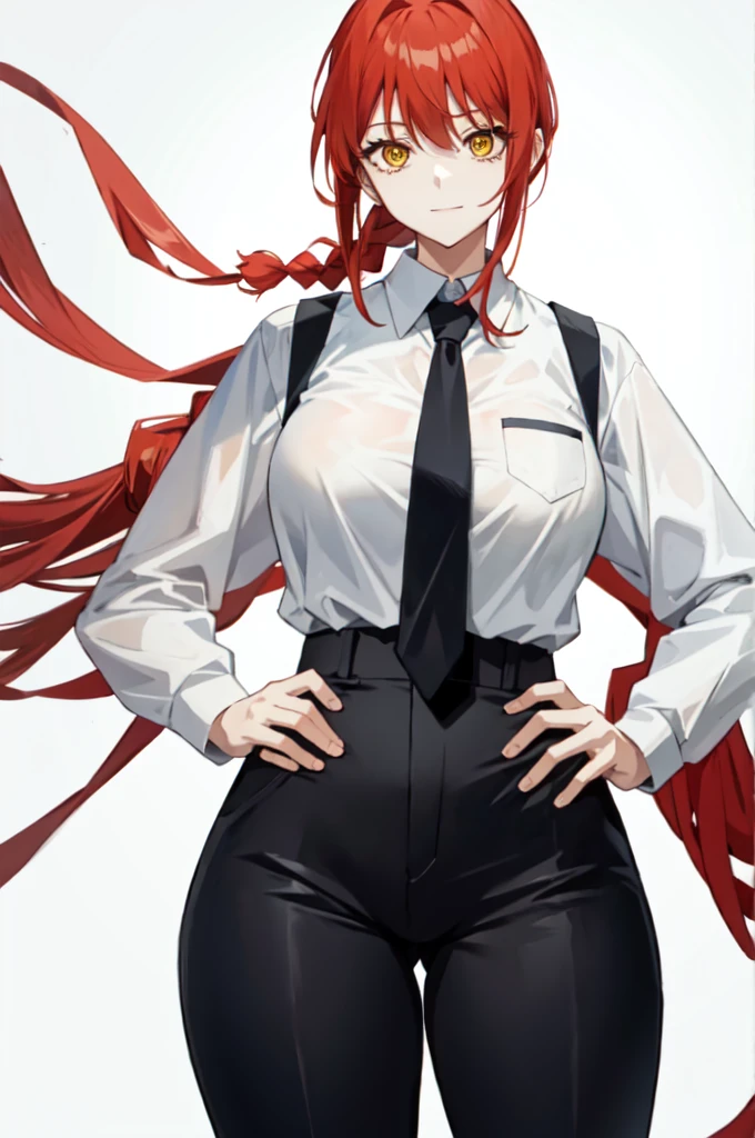 makima\(chainsaw man\), smile, long sleeves, red hair, necktie, large breasts, solo, looking at viewer, thick thighs, hand on hip, pants, black pants, yellow eyes, 1girl, white shirt, braided ponytail, ringed eyes, high-waist pants, shirt, braid, shirt tucked in, simple background, white background, black necktie, collared shirt